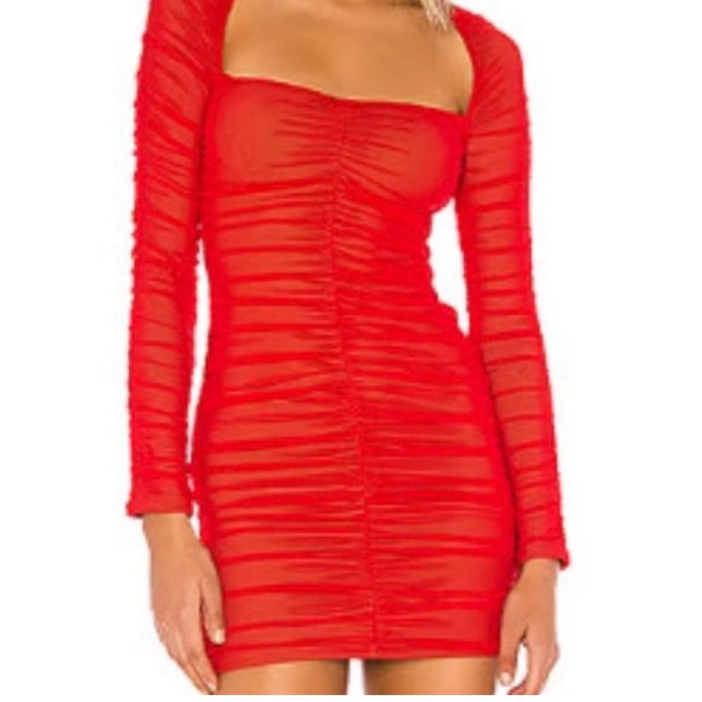 Michael Costello revolve Red Ruched Long Sleeve Bodycon Dress